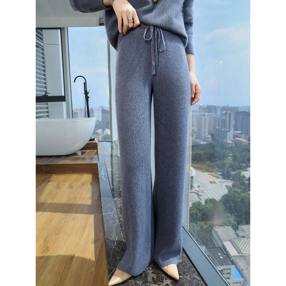 2024 Women 100% Mink Wide-Leg Autumn Winter Warm Cashmere Knitted Pants Elasticated Waist Trousers