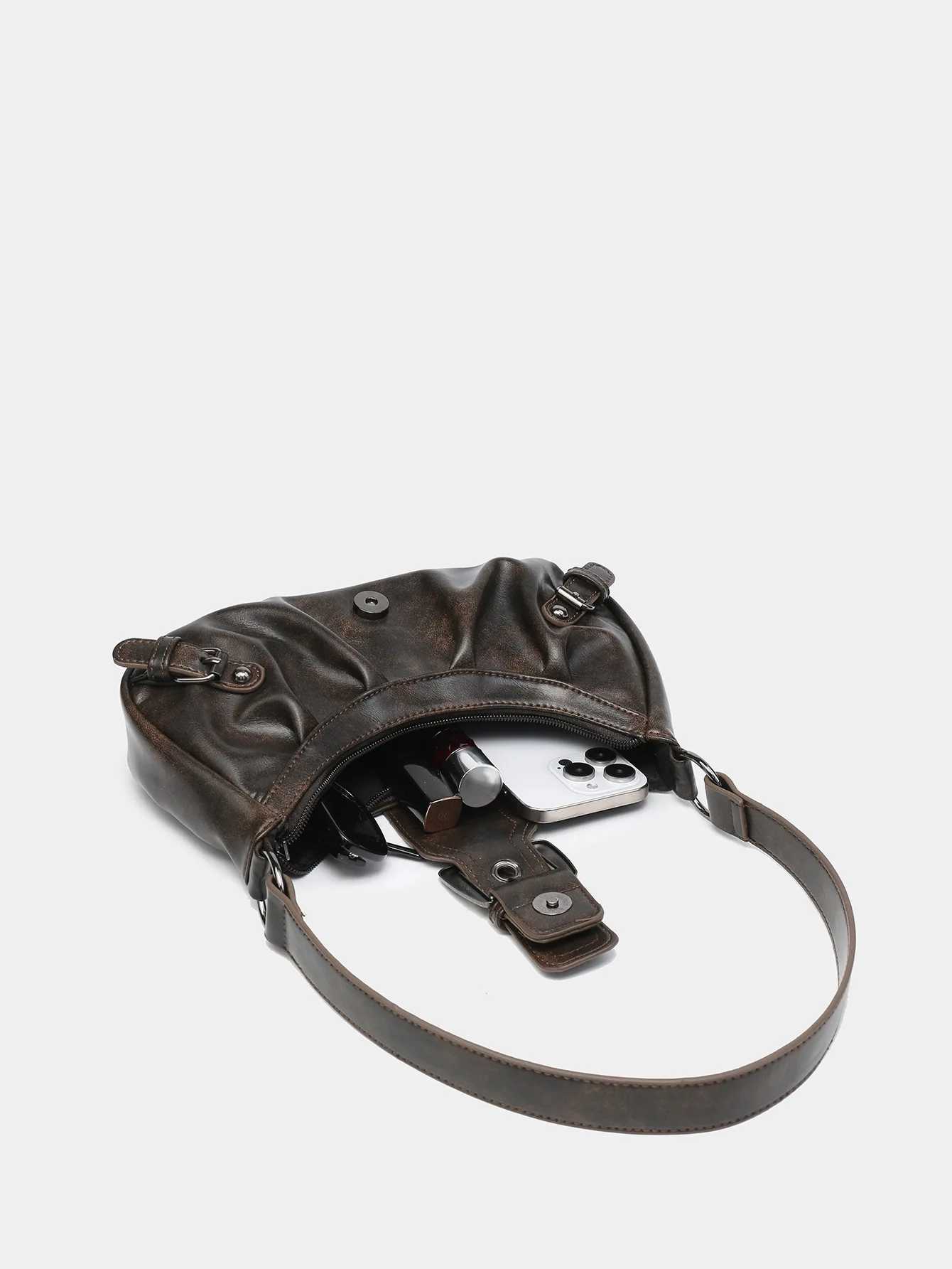 New Fashion Maillard Style Shoulder Bag Vintage Leather Spicy Girl Y2K Armpit Bag Belt Trendy Saddle Bag Retro Handbag Y250320