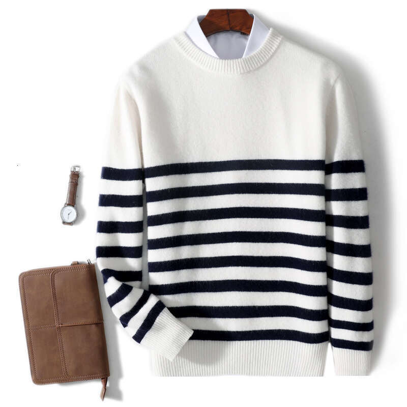 Men's 100% Merino Wool Sweater Autumn Winter Thickened Long Sleeve O-Neck Pullovers Loose Striped Knit Shirt Casual Warm Tops