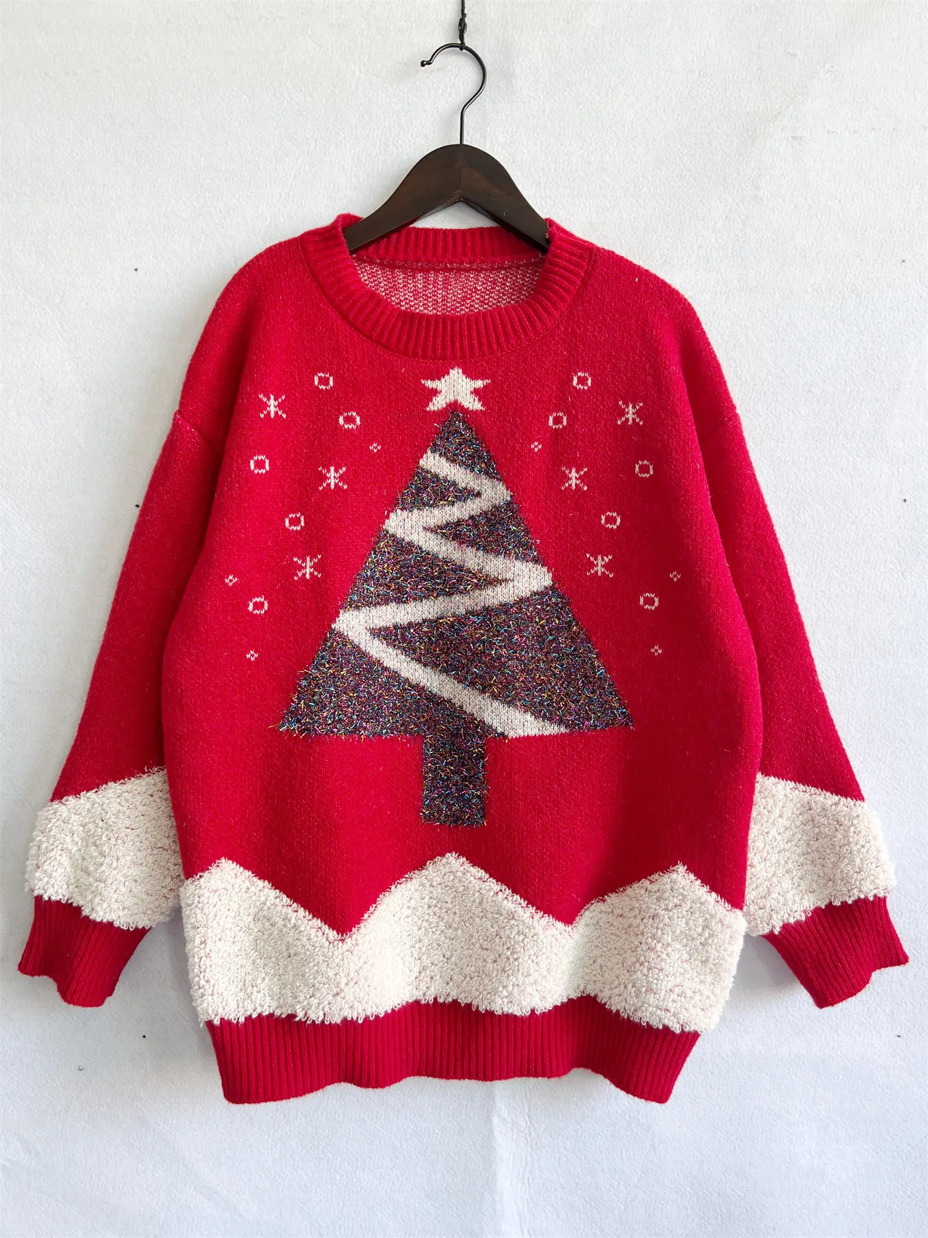 OMCHION Year Jumper Tree Gold Thread Flocked Christmas Sweater Round Neck Long Sleeve Loose Knitted Zipper 241025