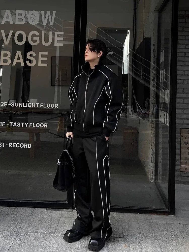 Spring Autumn Long Sleeve Stand Collar Jacket Wide Leg Pants Mens Two Piece Set Loose Fit Running Tracksuit Male Sport Sets 241025