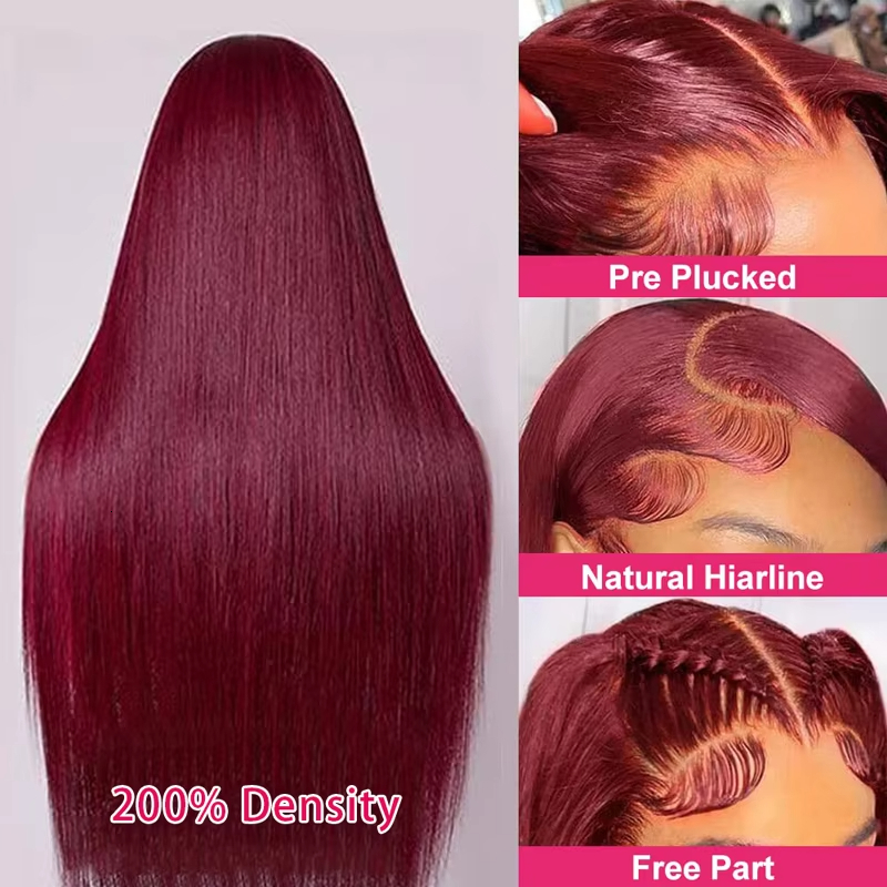 200 Density 99J Bury Red 13x6 Frontal 6x4 Glueless Straight Lace Front Wigs Human Hair