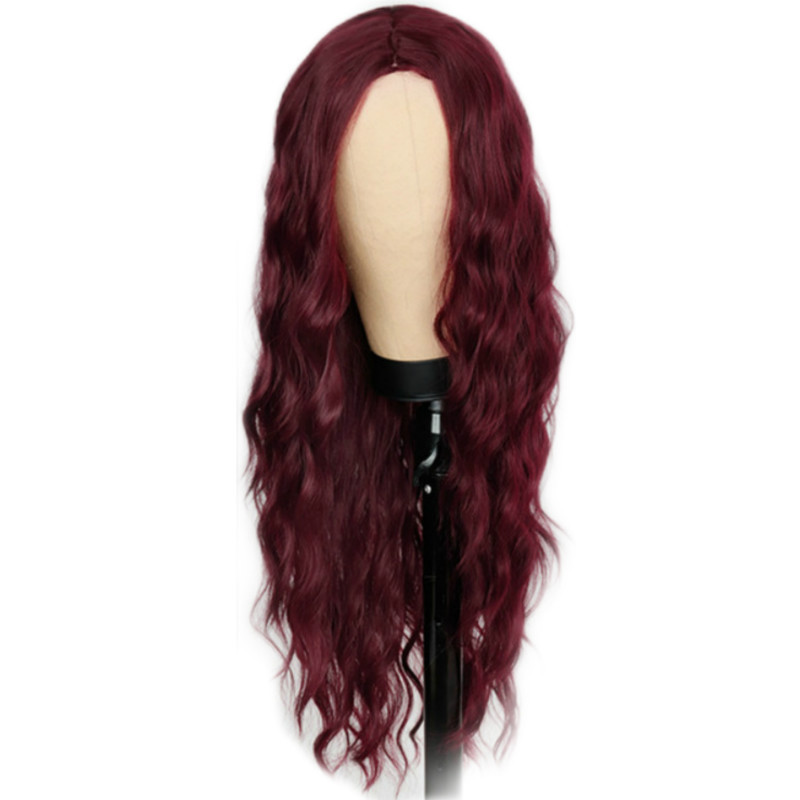 Wig women wine red long hair female middle part corn perm long curly hair chemical fiber wig