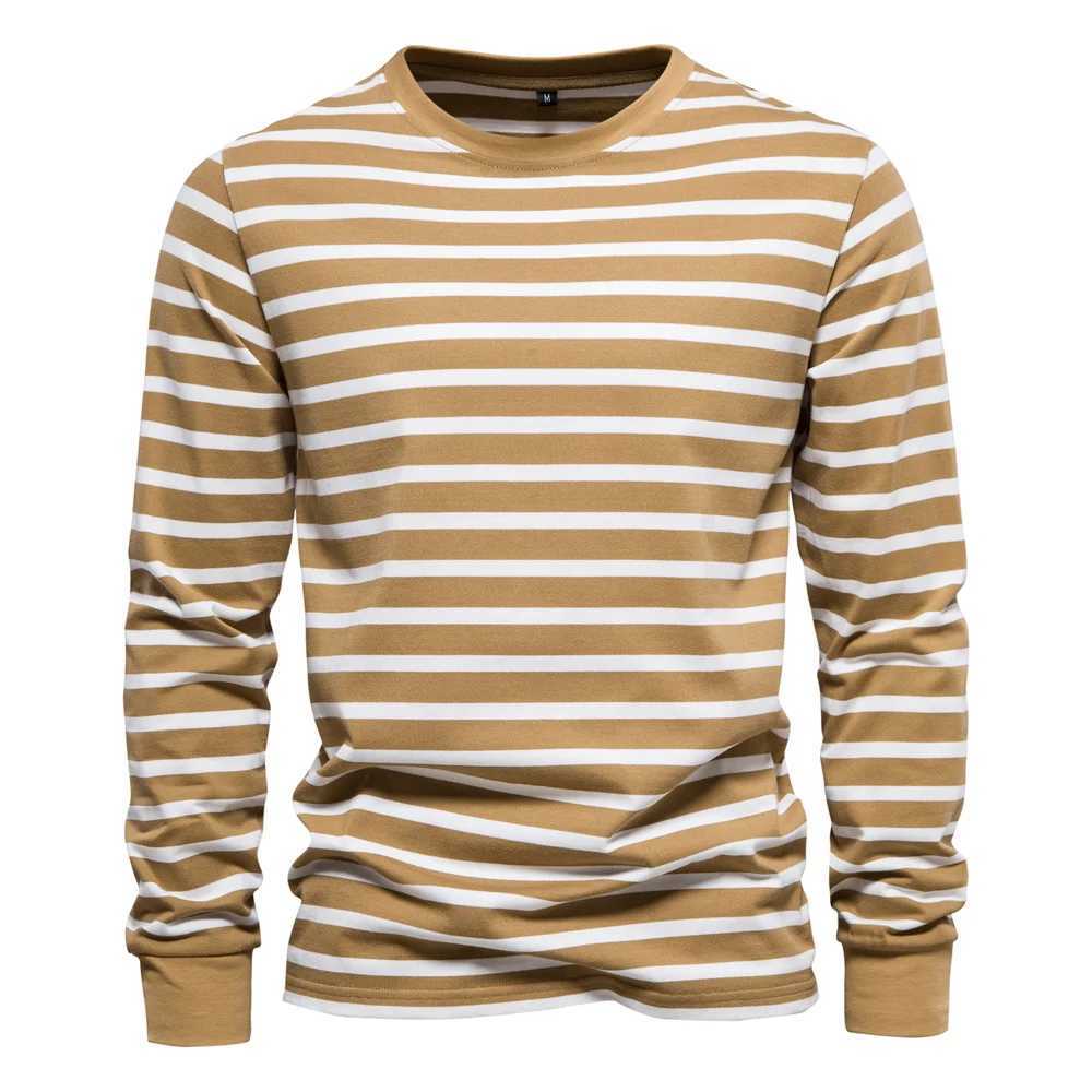 Simple striped printed mens T-shirt fashionable and comfortable cotton long slip casual T-shirt O-neck zipper autumn loose top W241026