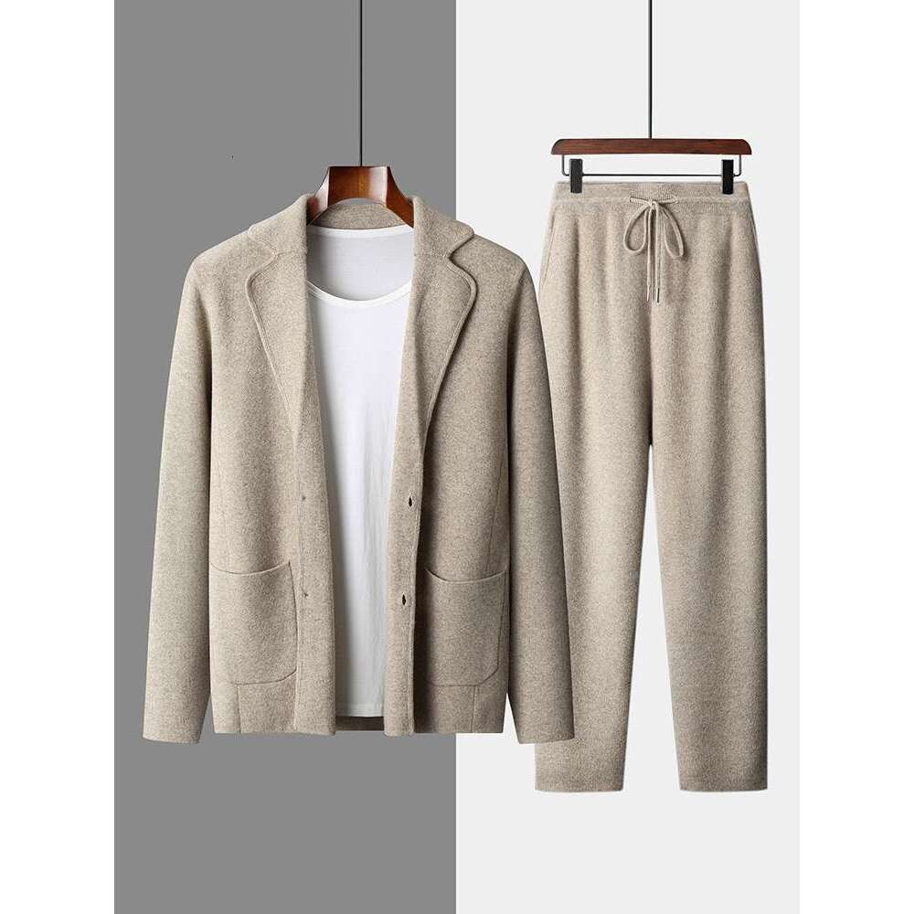 2024 Fashion Suit Autumn Winter 100% Cashmere High Quality Sweater Trousers Men Tops And Pants Two-Pieces Male Knitwear Clothing