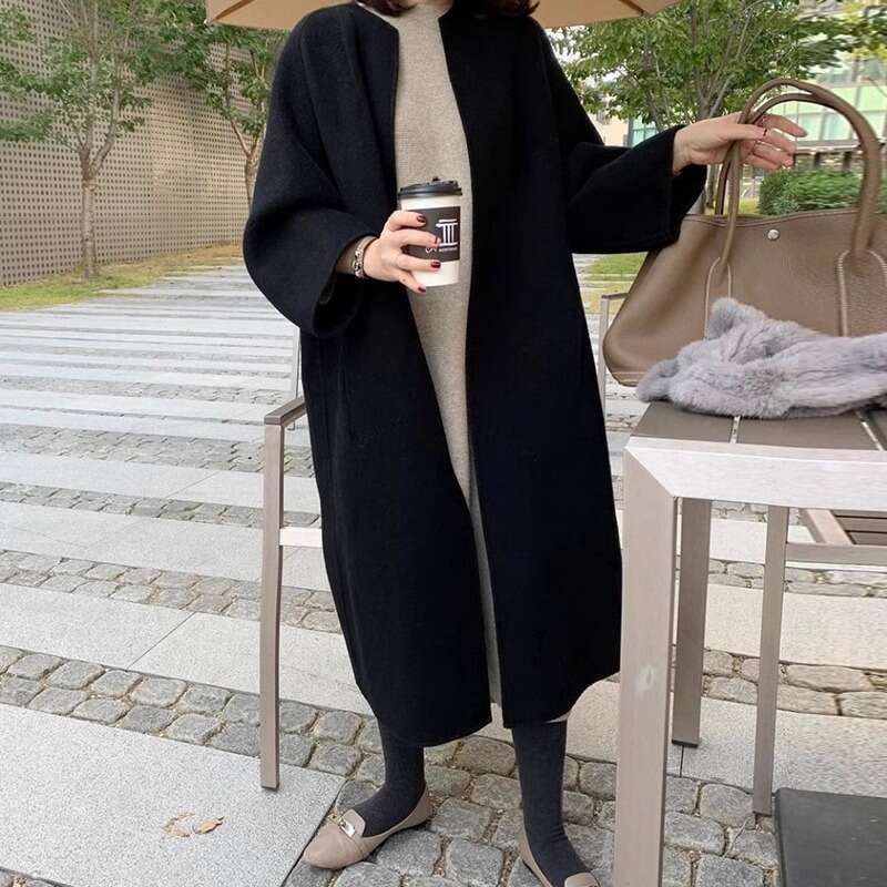 Korean Chic Minimalist Women's Autumn And Winter Temperament Double Pocket Long Sleeved Mid Length Cardigan Woolen Jacket