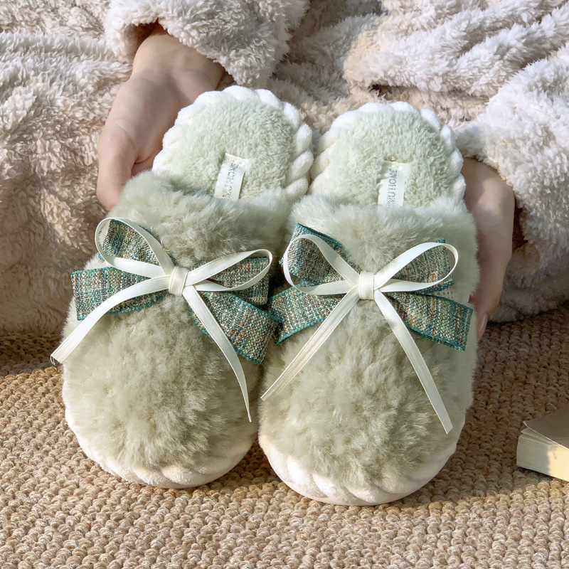 Butterfly Knot Cotton Slippers: Plush Anti-Slip Winter Slippers for Women 299c