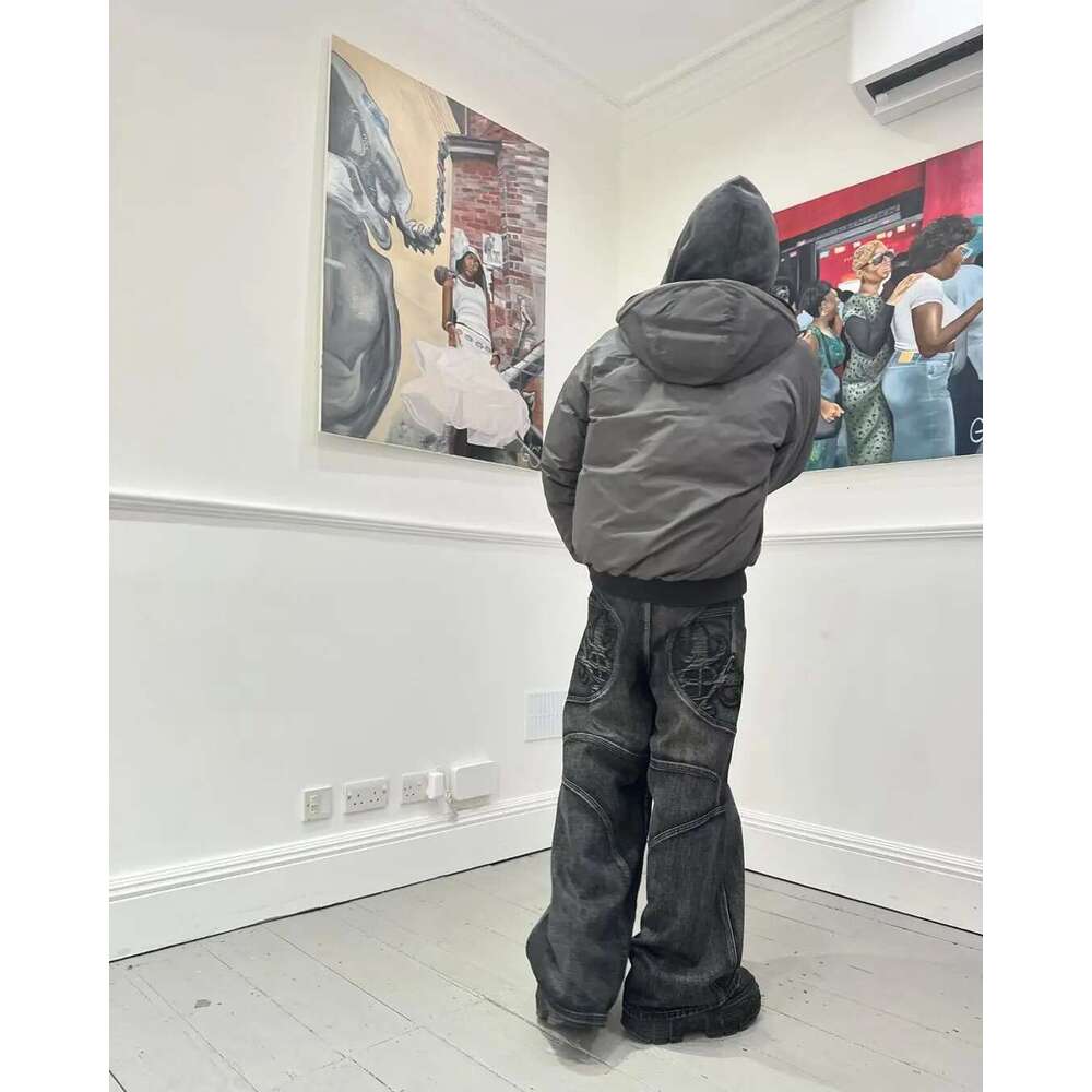 Haruku Retro Street Splicing Embroidery Pattern Washed Loose Women's Trendy Heavy Industry Jeans Y2k Wide Leg Pants