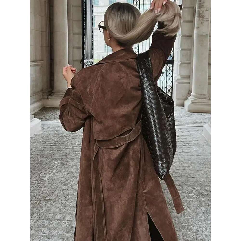 Women Khaki Faux Leather Long Coat With Belt Fashion Double-Breasted Lapel Oversize Overcoat Autumn Female High Street Outwear
