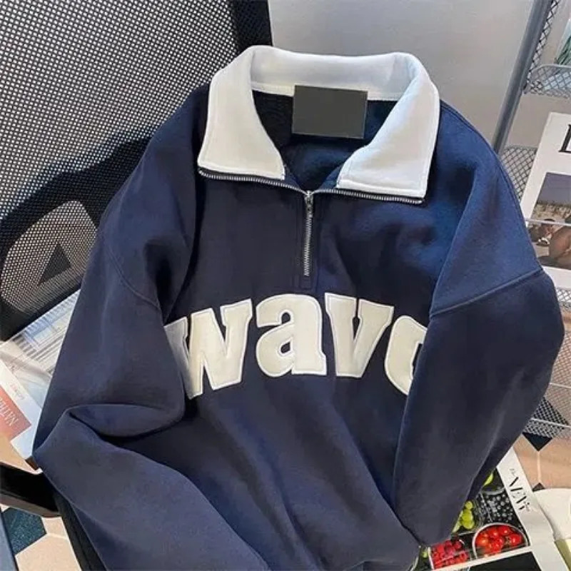 Mens Polo Shirts Retro Turndown Collar Half Zipper Sweater Womens Autumn Loose Long Sleeves Letter Print Chic Tops Tees 241025