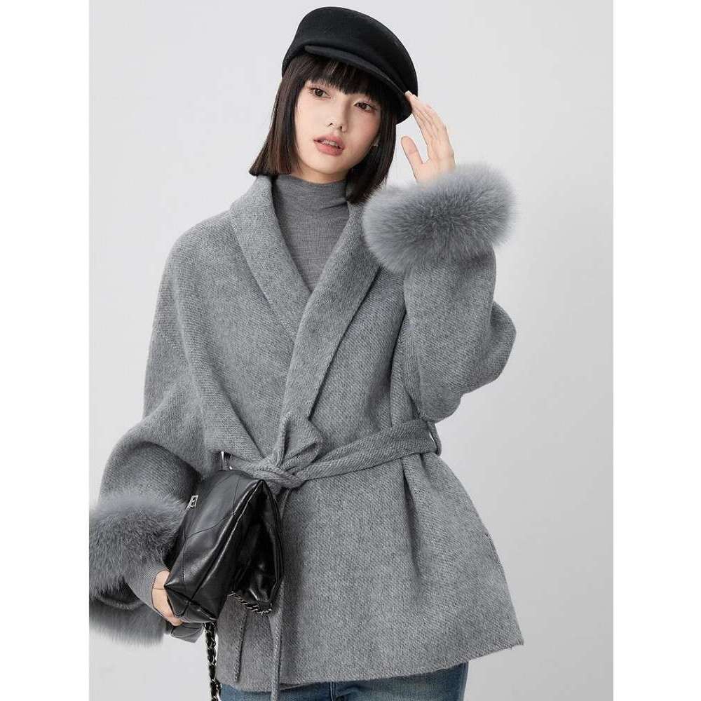 Double Sided Cashmere With Straps For Women's Autumn And Winter Haute Couture Cape Cuffs Detachable Fox Fur Short Coat