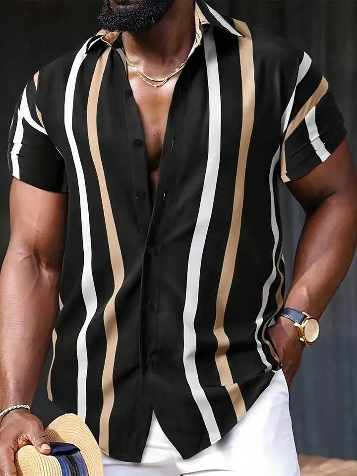 2024 New Business Leisure Striped Summer Haian Beach Mens Shirt 3D Printed Clothing Oversized Short Sleeve Mens Fashion W241026