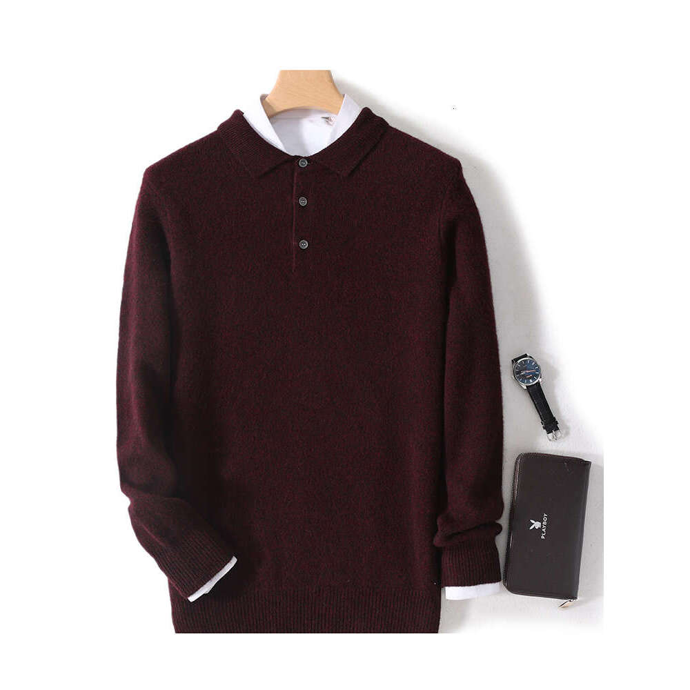 100% Merino Wool Hot Cardigans Men Lapel Pullover Long Sleeve Polo Neck Sweaters Loose Tops Knitwear Clothing Large Size Shirt