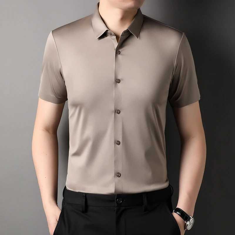 MLSHP High Elasticity Summer Mens Shirt Luxury Short Slip Solid Color Seamless Business Casual Mens Dress 4XL W241026