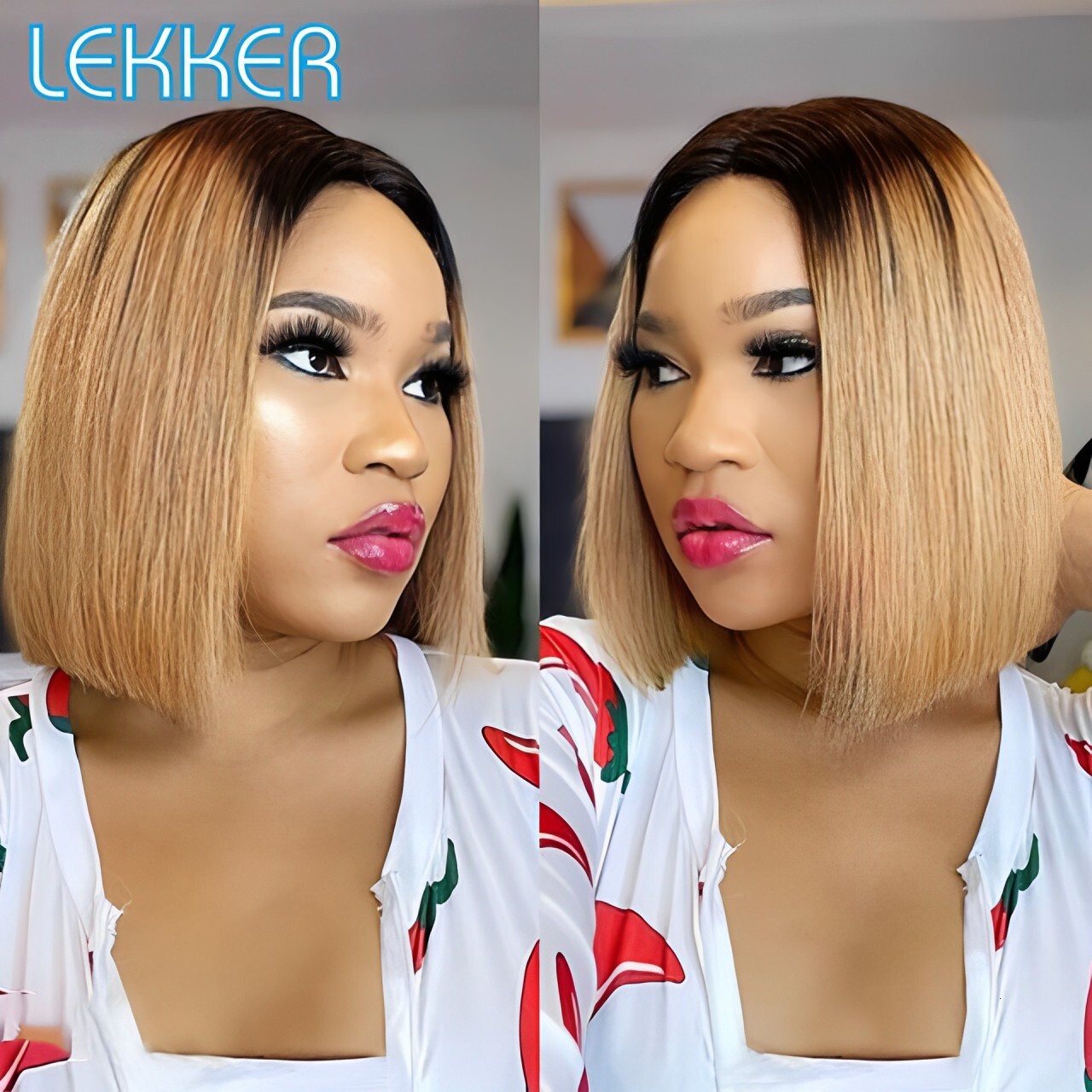 Lekker Ombre Gold Blonde Short Straight Bob 13x1 Lace Front 100% Human Wigs For Women Glueless Brazilian Remy Hair Colored