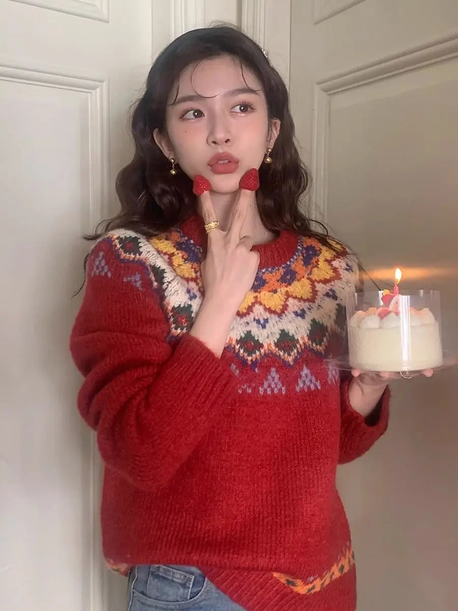 Fair Isle Retro Pattern Womens Sweater Cute Christmas Red Knitted Floral Comfortable Winter Parachute Loose Oversized 241025