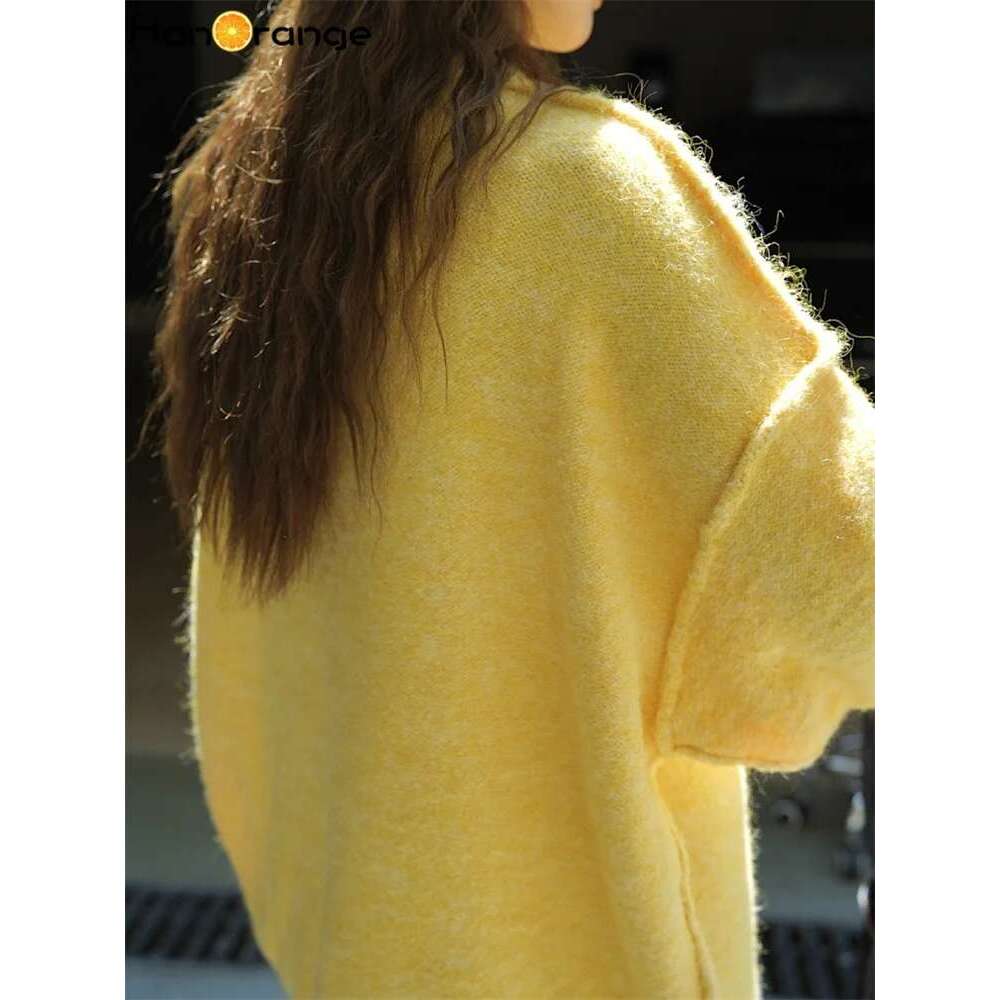 Hanorange 2024 Autumn Winter Lazy Pullover Wool Sweater Women Loose Silhouette Warm Comfortable Knitting Top Yellow/Blue