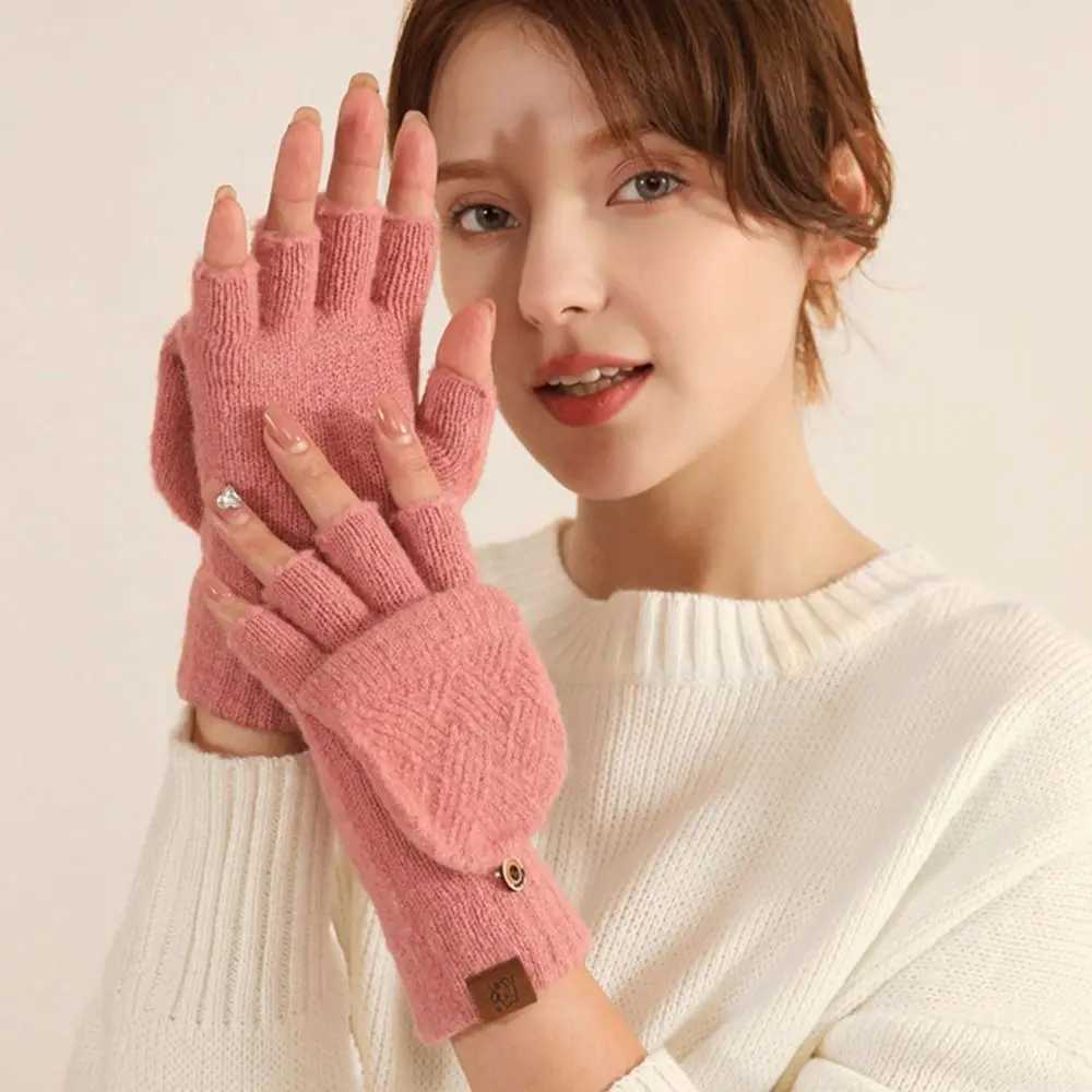 Womens winter warm Gs thick wool Gs knitted flip cover finger exposed finger thick Gs no finger gloves W241026