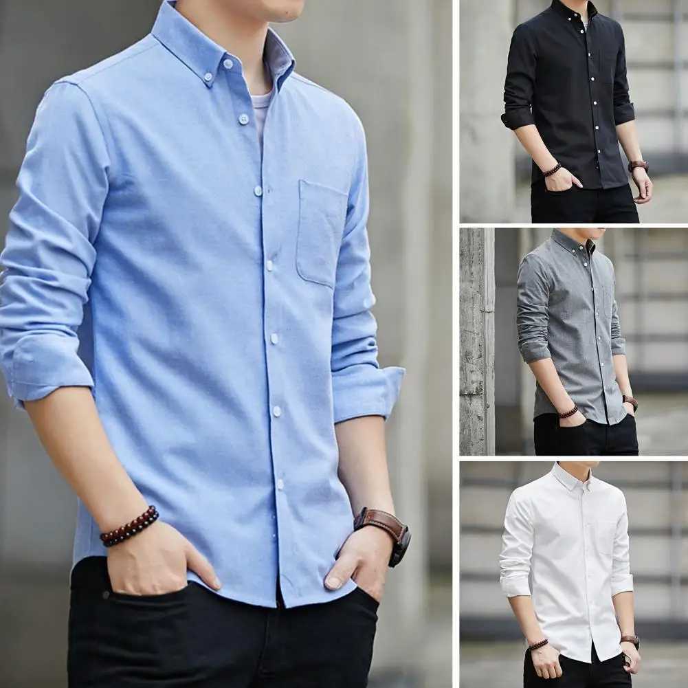 New mens long slip casual Oxford cloth shirt for weight loss smooth silhouette Korean style shirt W241026