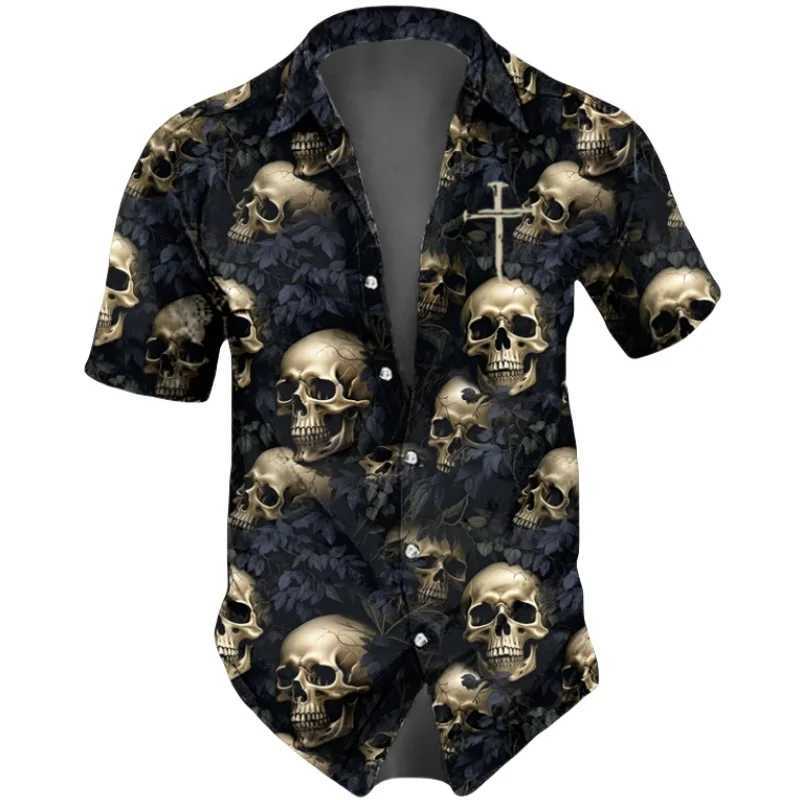 Horror Skull Print Mens Summer Hip Hop Style Short Sleve Collar Mens T-shirt Haian Beach Holiday Shirt W241026