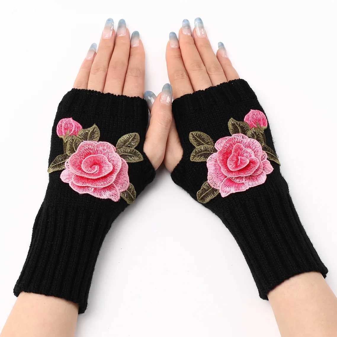 2024 Autumn Winter Womens Short Fashion Embroidered Flowers Gs Knitted Wool Sleeves Warm Finger Gloves Gs Women W241026