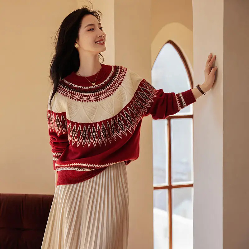 REDDACHiC Jacquard Retro Women Fair Isle Sweater Oneck Pullover Long Sleeves Loose Casual Jumper Top Christmas Winter Knitwear 241025