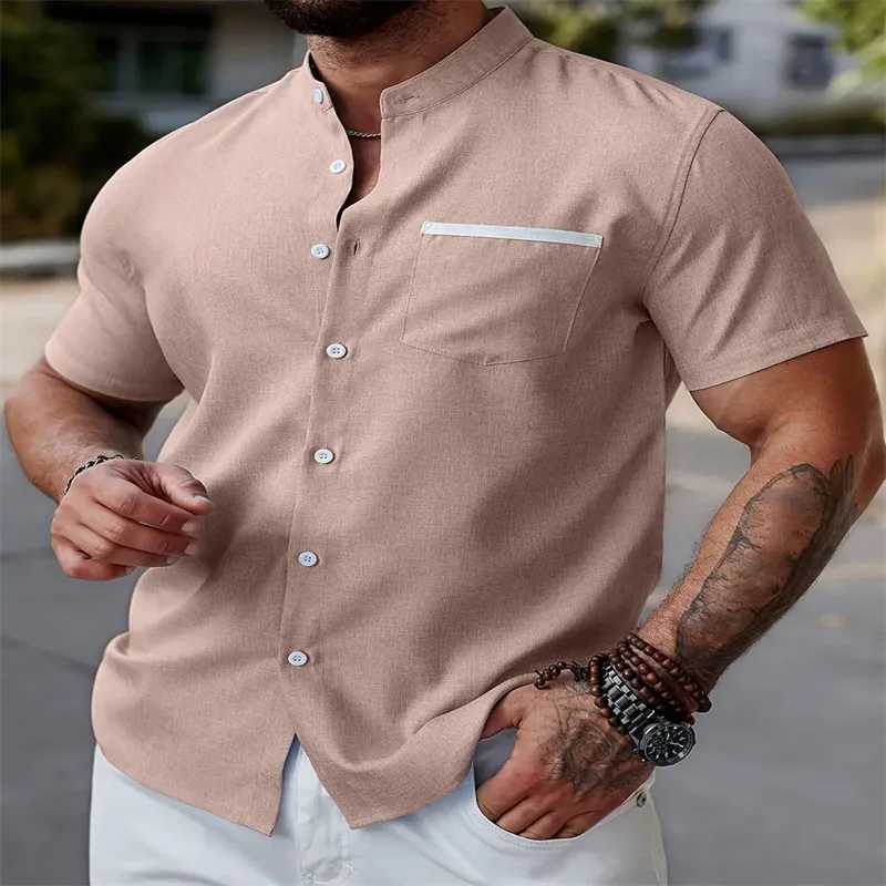 Mens solid color shirt daily short sleeved V-neck button fashionable design casual comfortable breathable W241026