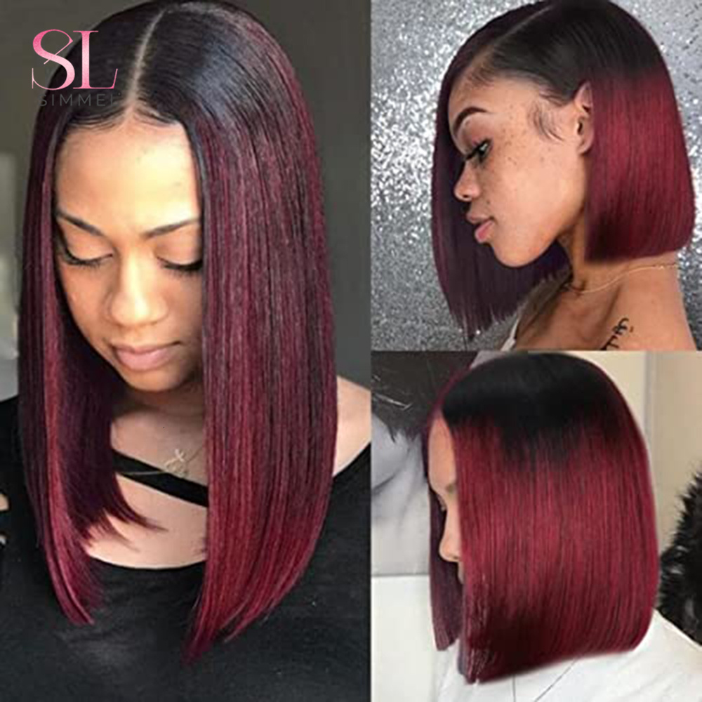 T1B/99j Bury Red Straight T Part Lace Front Human For Women Colored Brazilian Remy Hair Natural Bob Wig