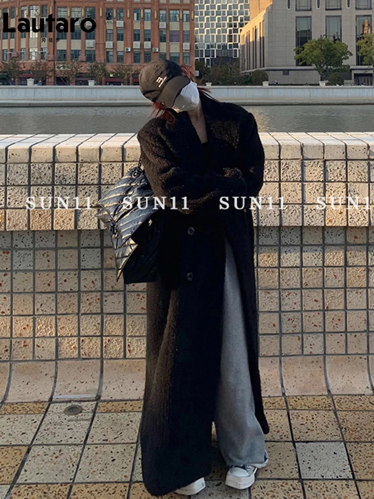 Lautaro Autumn Winter Long Black Thickened Warm Wool Blends Coat for Women Double Breasted Fashion in Outerwears 241025