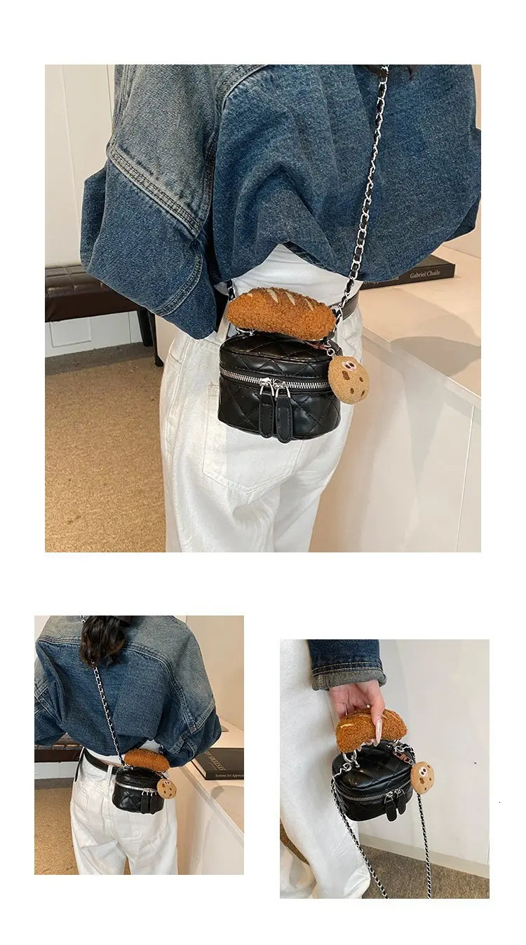 womens PU leather flat bottom bedding horizontal bag retro chain plush pendant small water bucket messenger shoulder bag 241025