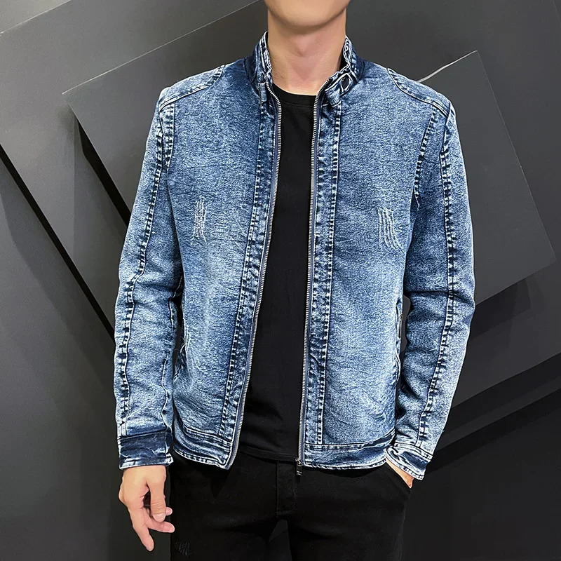 2023 Spring and Autumn Fashion Jean Jackets for Men Stand Collar Zipper Denim Coats Retro Simple Slim Casual Jacke 241025