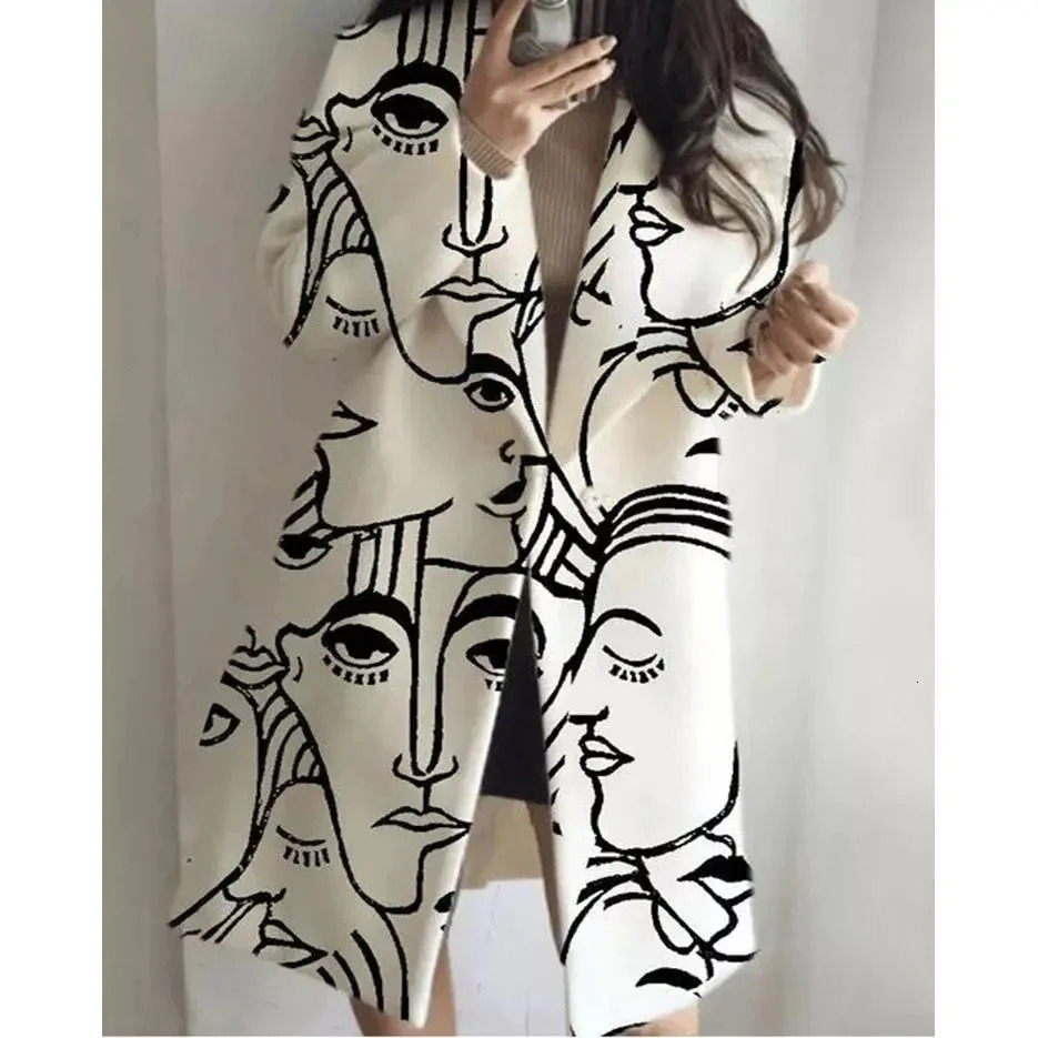 2023 Autumn Winter Womens LongSleeved Lapel Coat Printed Tweed Long Windbreaker Wool Blends Coats And Jackets S3XL 241025