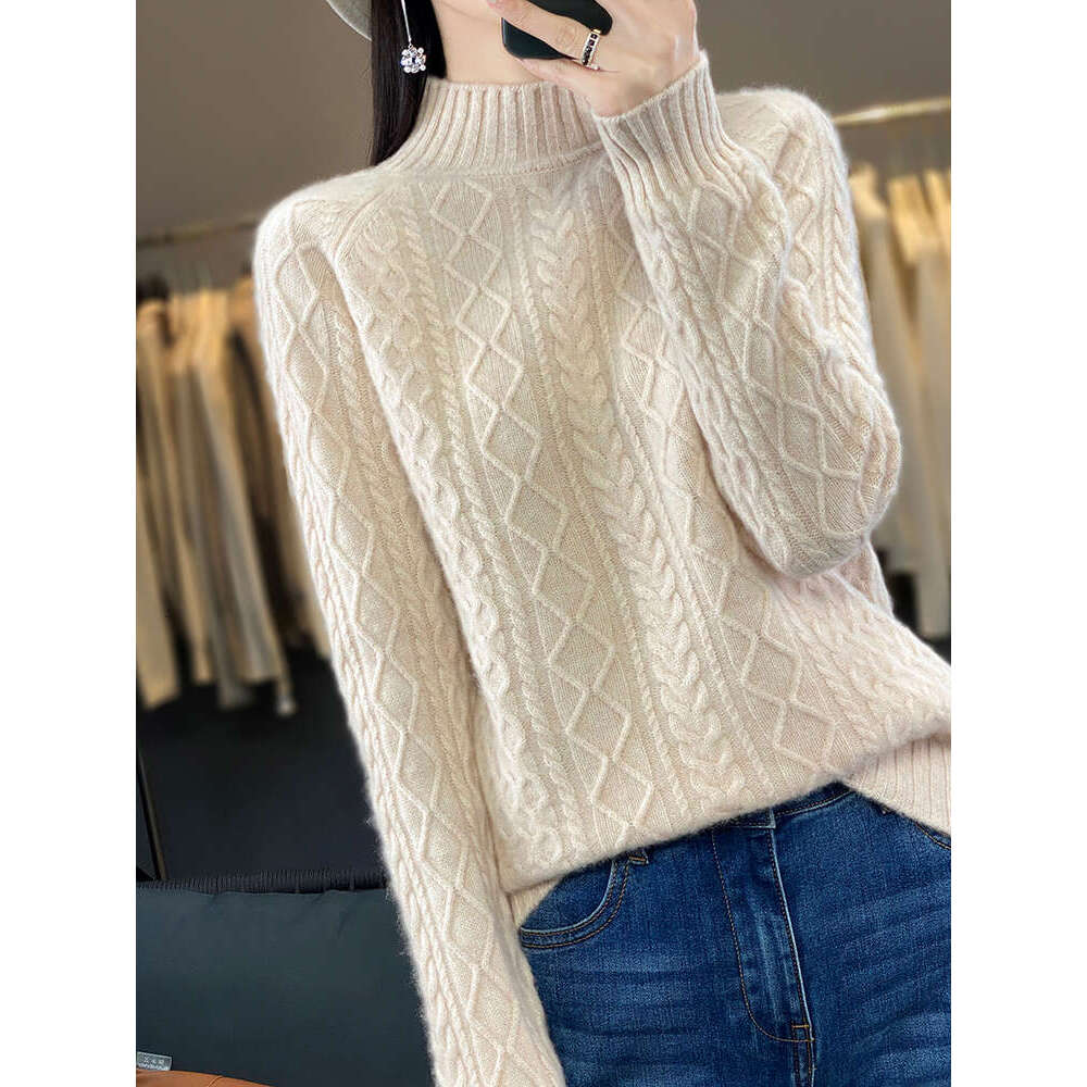 Women Sweater Twist Wer Mock Neck Pullover Autumn Winter 100% Merino Wool Basic Long Sleeve Cashmere Knitwear Fashion