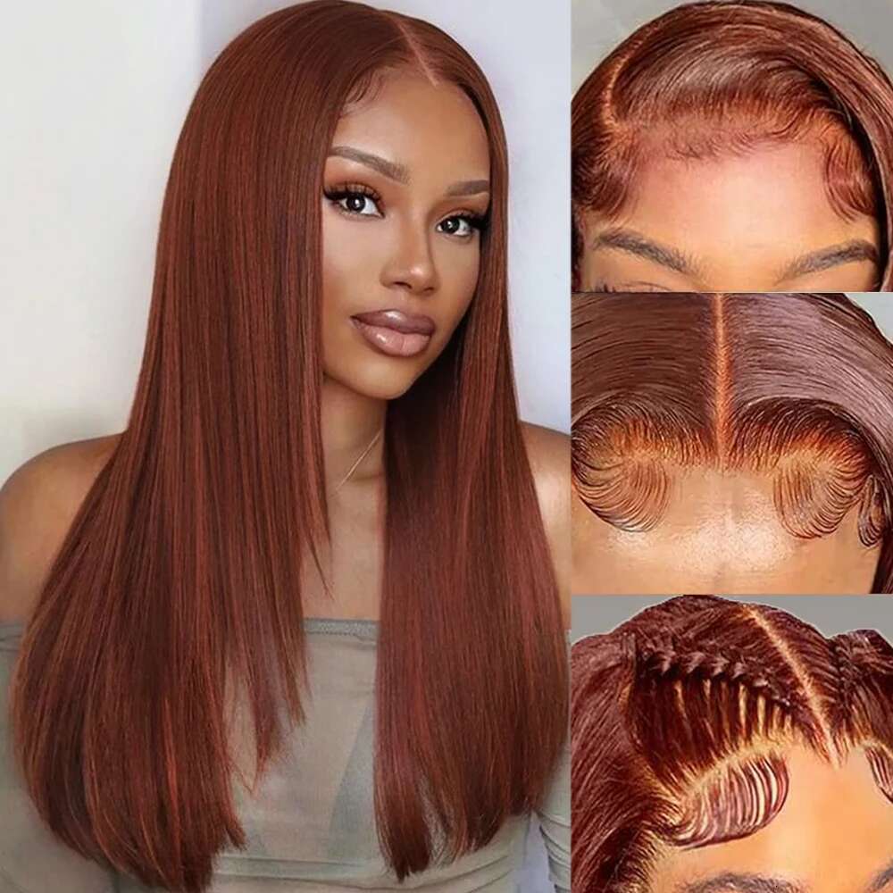 Reddish Brown Layered Cut Wig Copper Red Straight Lace Front For Women Synthetic 13X4 Glueless T Part Heat Resistant Wigs