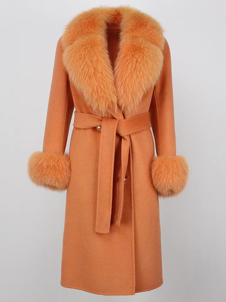 2024 Winter Jacket Women Long Natural Wool Blends Cashmere Real Fur Coat Double Breasted Belt Warm Streetwear Fashion 241025
