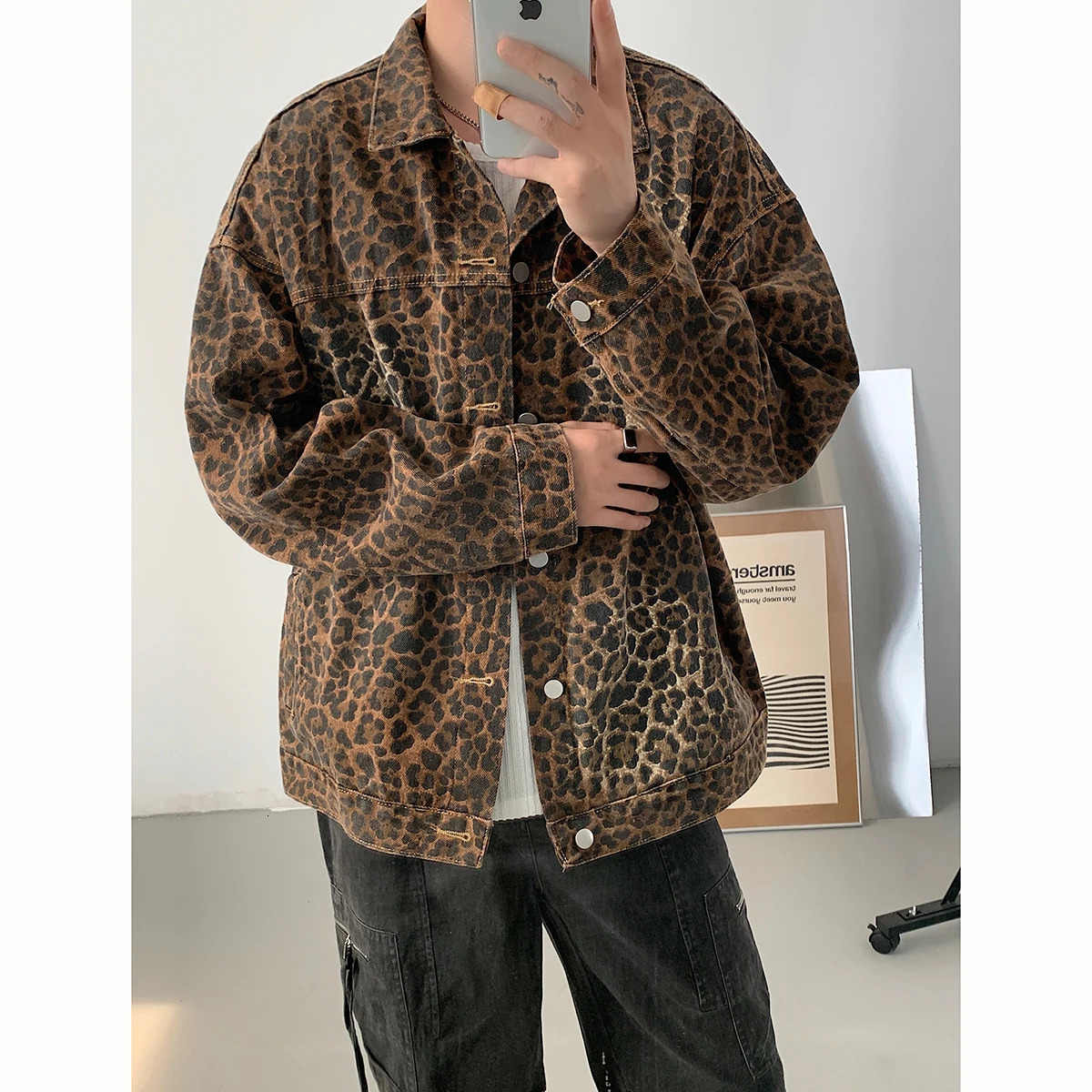 Hip Hop Mens Vintage Leopard Print Denim Jackets 2024 Autumn Fashion Lapel Collar Zipper Jacket Coat Holiday Streetwear 241025