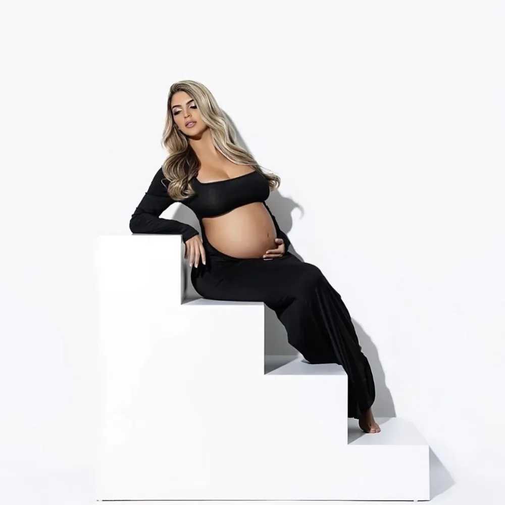 Square collar long sleeved pregnant woman photo shoot dress backless pregnant woman photography set W241026