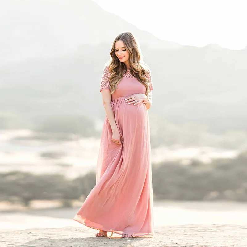 Pregnant dresses pregnancy photography props dusty pink chiffon elegant maternity clothing lace W241026