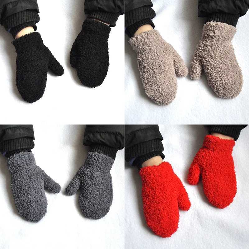 Warm plush thick warm baby Gs winter with velvet connected fingers childrens coral velvet full finger Gs 1-4Y childrens Gs W241026