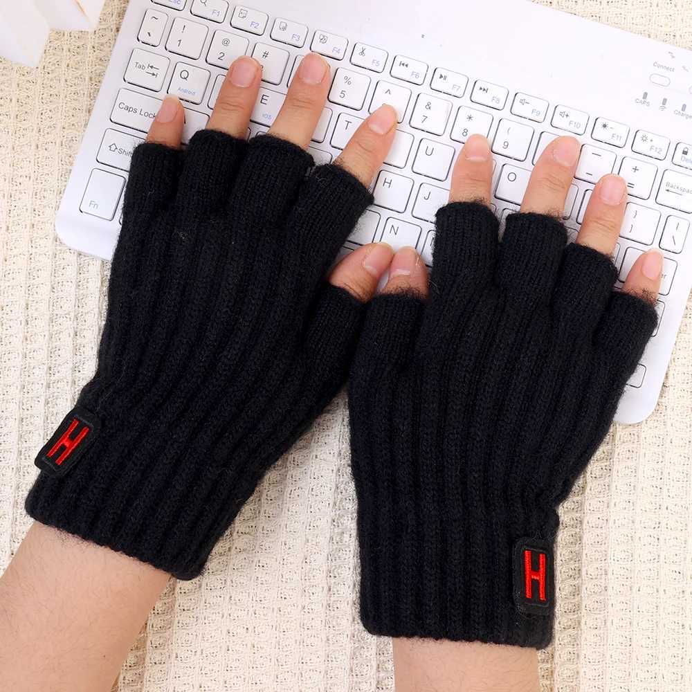 New autumn and winter knitted warm half finger H-label Gs with sliding screen fashionable mens sports gloves for warmth and cold protection W241026
