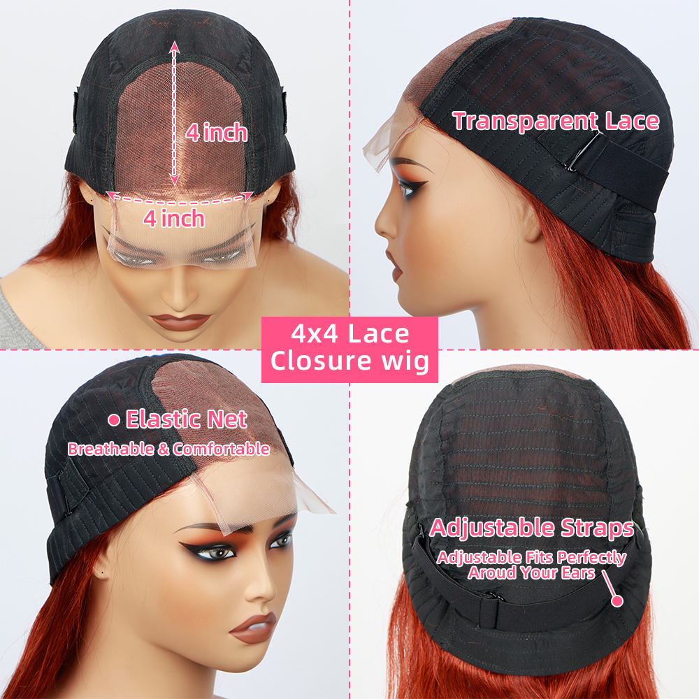 Reddish 4x4 Closure Wigs Human 180% Density Straight Copper Red Lace Front Wig Auburn Brown Brazilian Hair