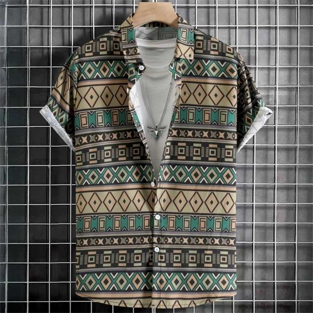 Retro Haian mens shirt ethnic pattern printed shorts Slve top fashionable casual mens clothing loose oversized mens shirt W241026