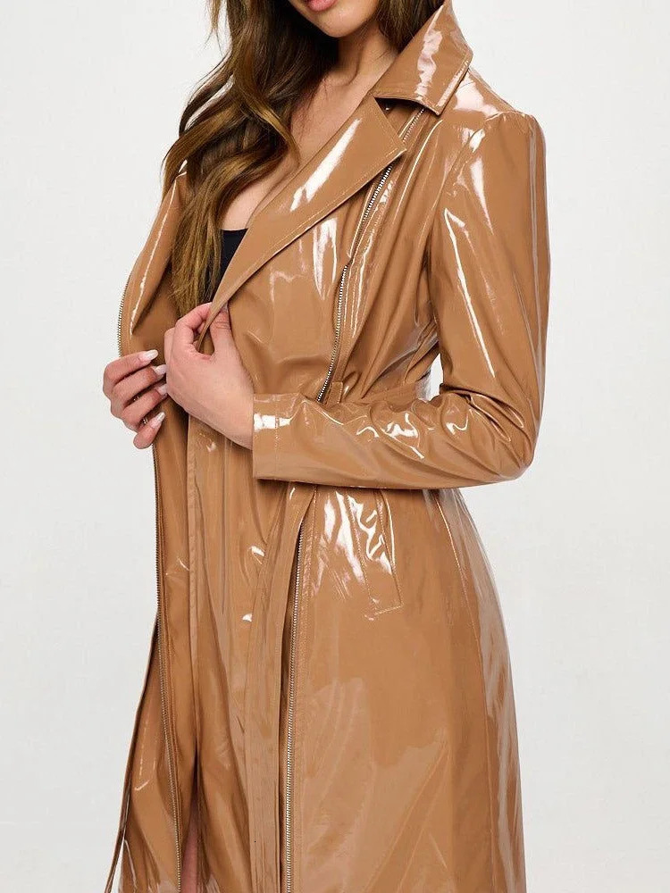Elegant and shiny patent leather trench coat womens fashionable long sleeved jacket with pockets synthetic latex PVC zipper jacket customized 241025