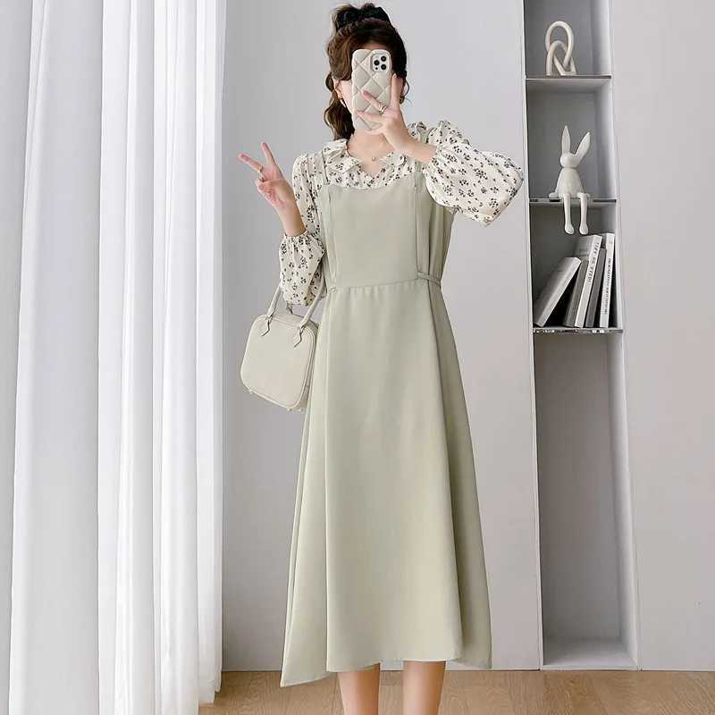 Postpartum Womens lotion Dress Spring and Autumn Flower Long Sleeve Patch Work Maternity Care Dress Chiffon Nursing Dress W241026