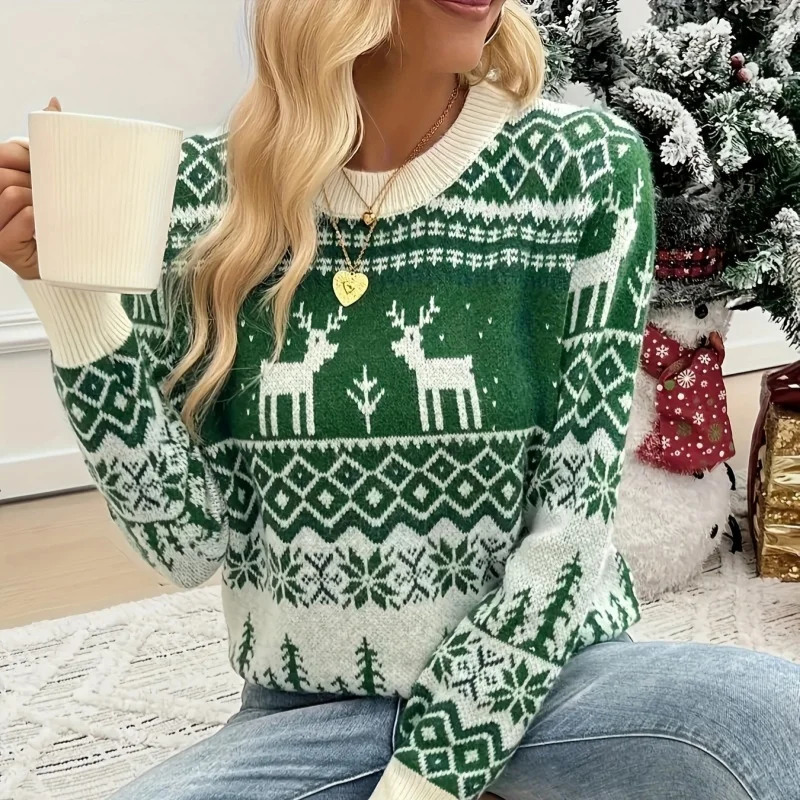 Women Jacquard Christmas Sweater Winter Clothes Loose Long Sleeve ONeck Knitted Sweaters Lady Pullover Green Sweter Streetwear 241025