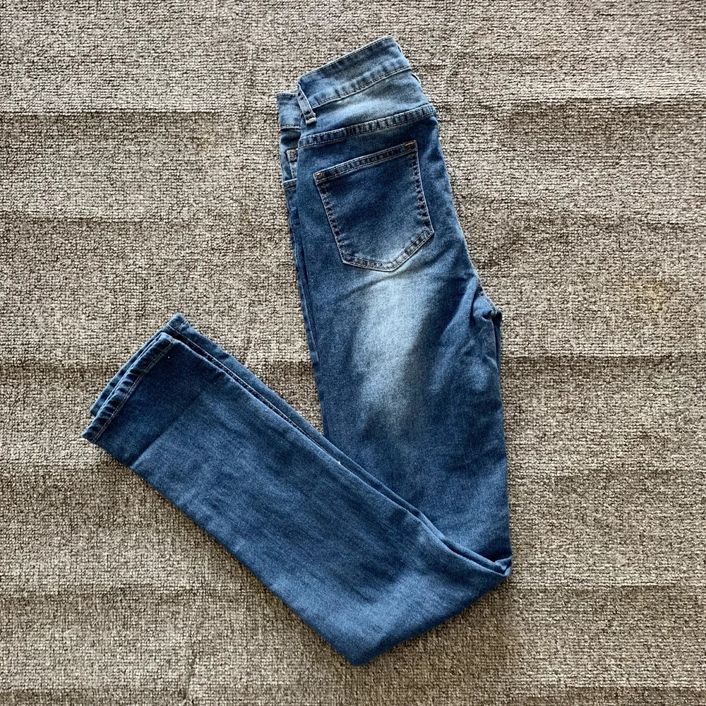 Summer Fashion Y2K Retro Ripped Hole Jean Print High Waist Skinny Stacked Blue Denim Pants Streetwear Elastic Trousers 241025
