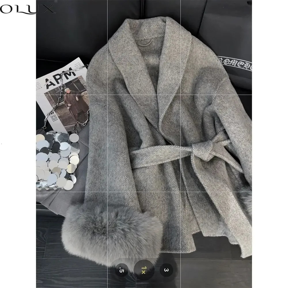 Wool Blends Bandage Waist Fur Sleeve Coat Women Trench Winter Clothes Top Grey Jackets Wrap Vintage Streetwear 241025