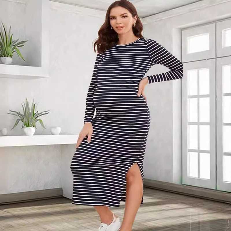 Womens long sleeved striped round neck maternity outfit sexy one-step technology casual wear casual wear casual wear spring summer W241026