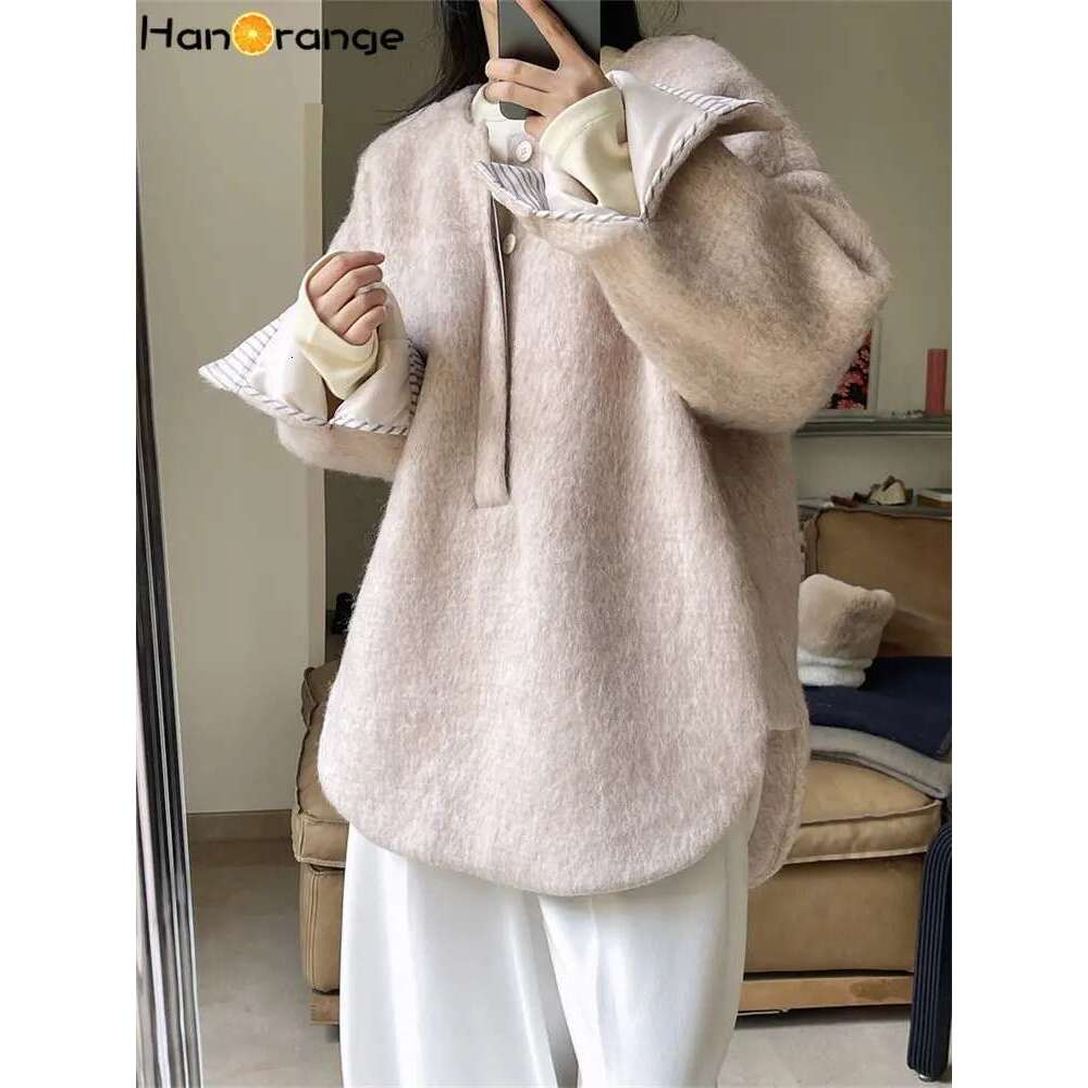 Hanorange 2024 Winter Casual Lazy Long Wool Coat Women Pullover Warm Silhouette Solid Color Outwear Female Grey/Pink