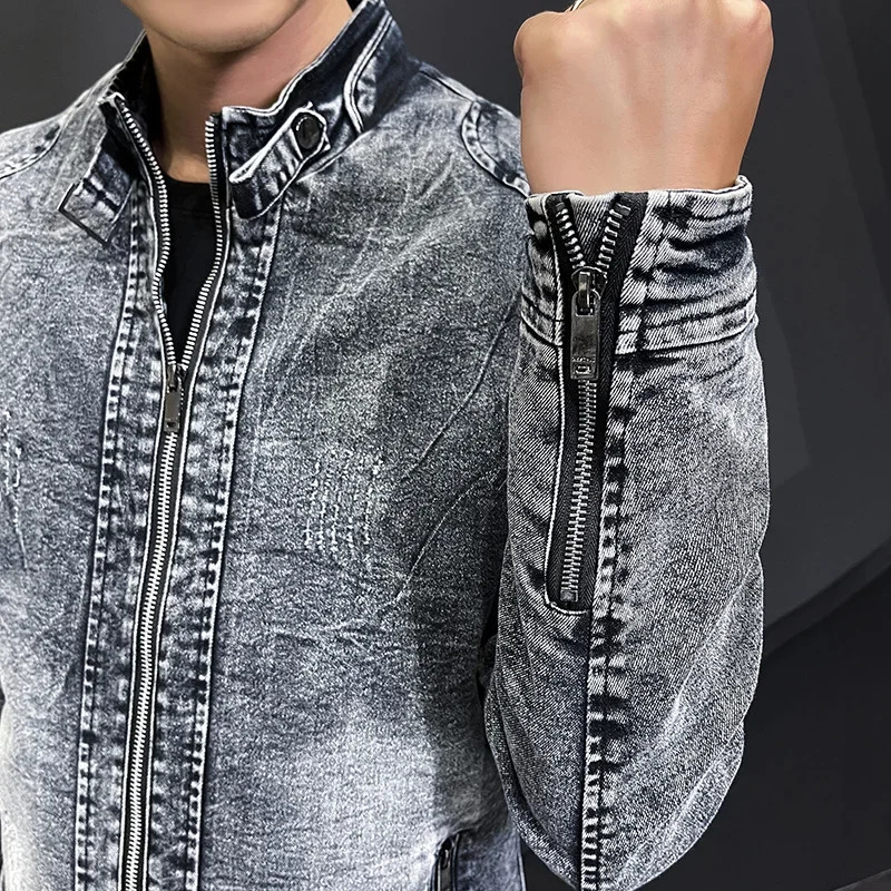 2023 Spring and Autumn Fashion Jean Jackets for Men Stand Collar Zipper Denim Coats Retro Simple Slim Casual Jacke 241025